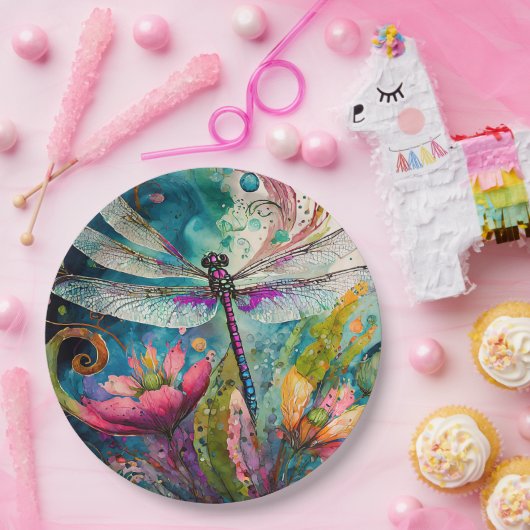 Inkt en Pen Waterverf Dragonfly Papieren Bordje (Feest)