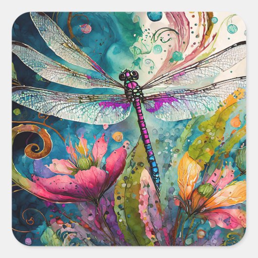 Inkt en Pen Waterverf Dragonfly Vierkante Sticker (Voorkant)