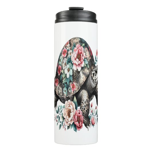 Inkt en was schildpad met bloemenschelp. thermosbeker (Voorkant)