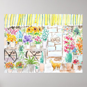 inkt en waterverf van de bloemenwinkel en de katte poster