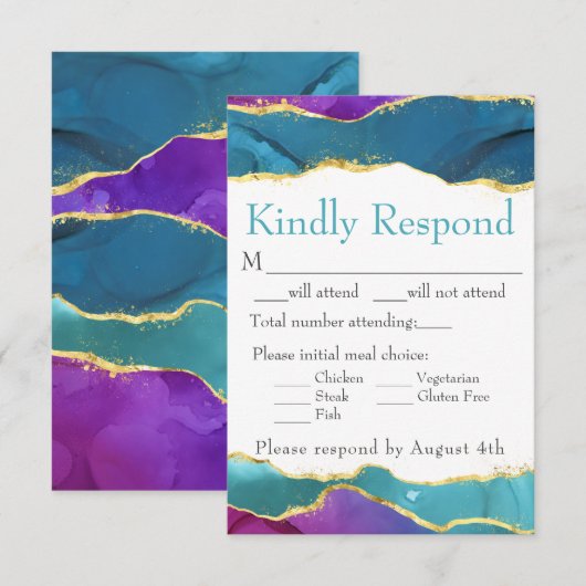 Inkt Fuchsia Roze Blauwgroen Goud RSVP Kaartje (Voorkant / Achterkant)