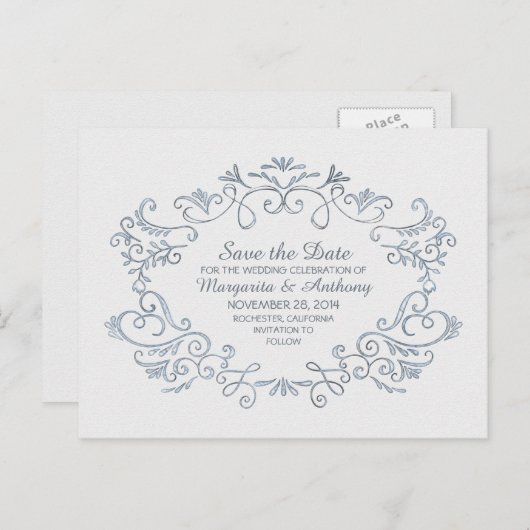 Inkt handgetekende bloemen Save the date Aankondigingskaart (Voorkant / Achterkant)