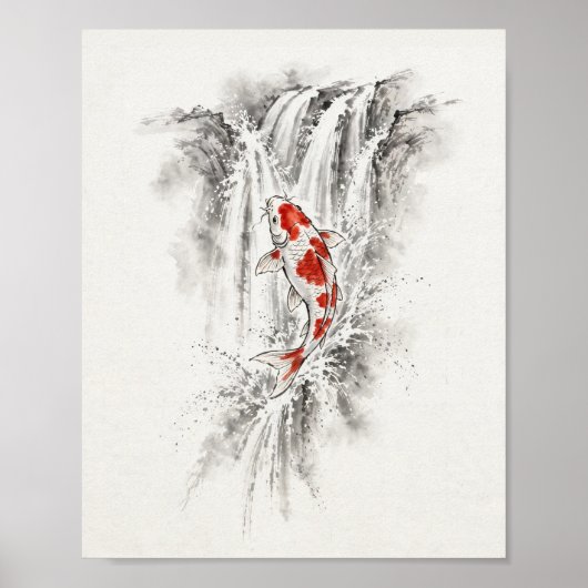 Inkt Koi Vis Springt Waterval Poster (Voorkant)