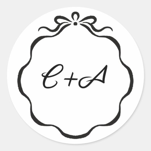 Inkt Linten en Bow Initialen Bruiloft Ronde Sticker (Voorkant)