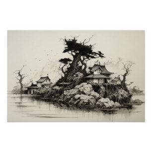 Inkt op papier Landschap Perfect Poster