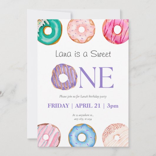 inkt Paars Blauw Donut 1e verjaardag Partij Kaart (Voorkant)