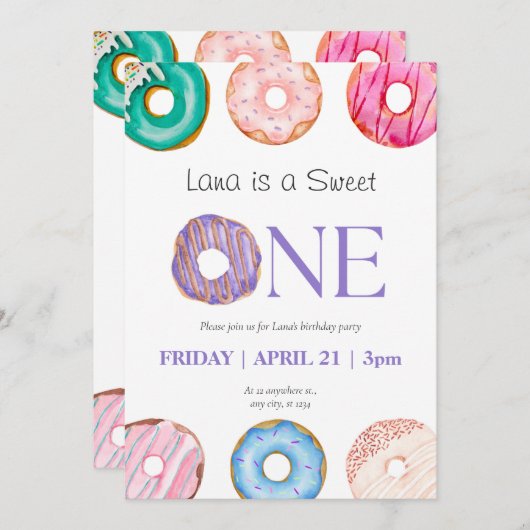 inkt Paars Blauw Donut 1e verjaardag Partij Kaart (Voorkant / Achterkant)
