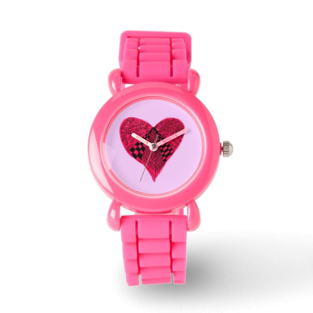 Inkt roze rood hart meisje horloge (Voorkant)
