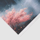 Inkt Schilderij van Bloeiende Bomen en Waterval Tissuepapier (Detail)