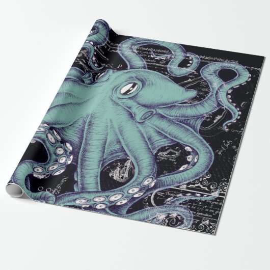 Inkt voor octopus Blauwgroen kaart Cadeaupapier (Uitgerold)