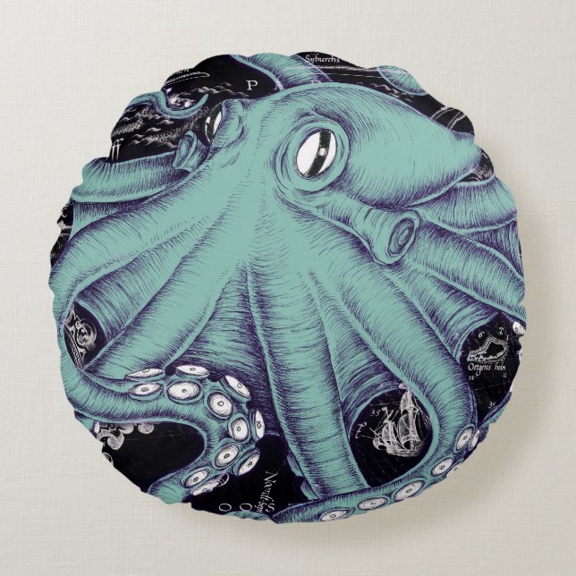 Inkt voor octopus Blauwgroen  kaart Rond Kussen (Voorkant)