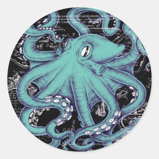 Inkt voor octopus Blauwgroen  kaart Ronde Sticker (Voorkant)