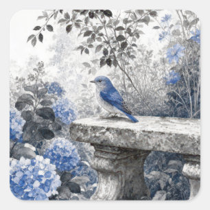 Inkt Was Blauwe Vogel Op Een Stenen Tuinbank Vierkante Sticker