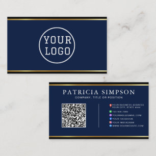 Inktblauw & Gouden Rand Moderne QR Code Sjabloon Visitekaartje