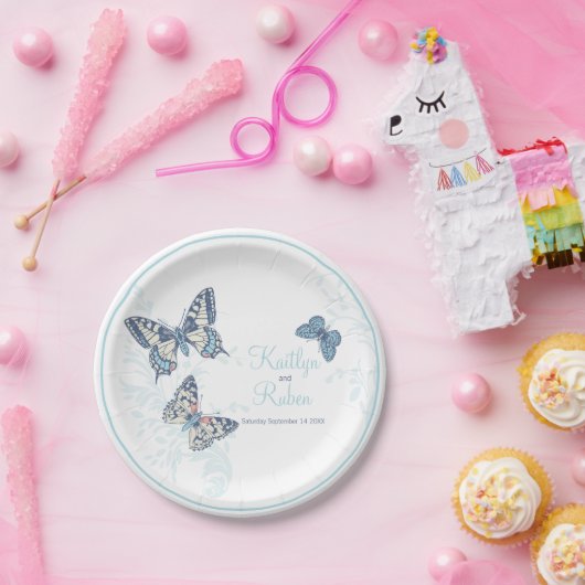 Inkte vlinders hemelsblauw koraal witte kunst brui papieren bordje (Feest)