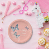 Inkte vlinders koraal donkerblauwe kunst bruiloft papieren bordje (Feest)