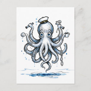 Inktillustratie van een octopus die ankers jonglee briefkaart