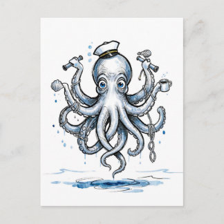 Inktillustratie van een octopus die ankers jonglee briefkaart