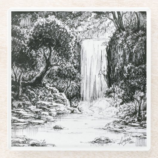 Inktober 2018 Dag 21 - Waterval in het Bos Glazen Onderzetter (Voorkant)