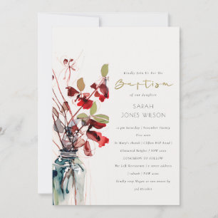 Inktrood groene vintage boho bloemen doop kaart