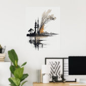 Inktschilderij van  Landschap Zwart-wit Poster (Thuiskantoor)