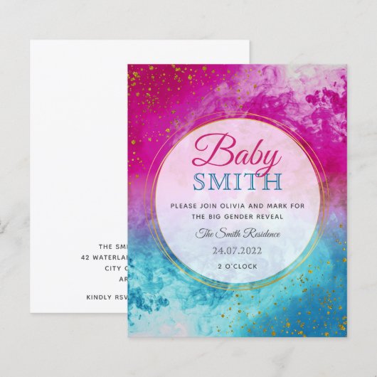 Inktsplash Blauw Roze Genderonderzoek Uitnodiging (Voorkant / Achterkant)