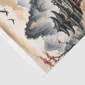 Inkttekening Japanse pagode op herfstmeer - Tissuepapier (Detail)