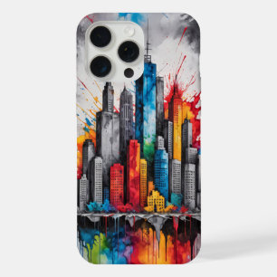 Inkttekening met spat-effekt Wolkenkrabbers Silhou iPhone 15 Pro Max Case