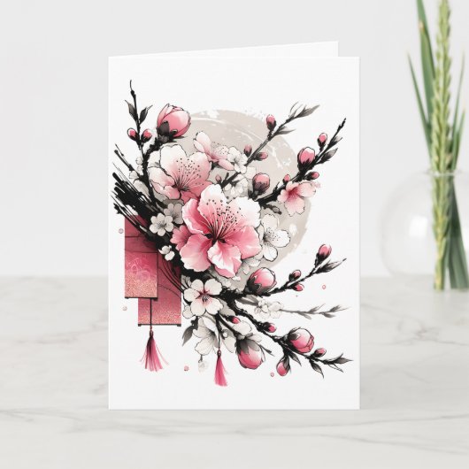 Inkttekening van Hoa Dao Gelukkig Nieuwjaar Feestdagen Kaart (Voorkant)