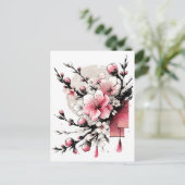 Inkttekening van Hoa Dao Gelukkig Nieuwjaar Feestdagenkaart (Staand voorkant)