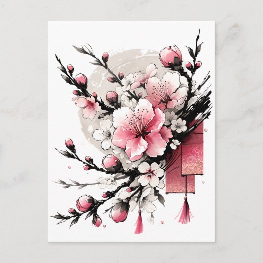 Inkttekening van Hoa Dao Gelukkig Nieuwjaar Feestdagenkaart (Voorkant)