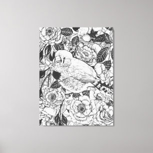 Inkttekening van zebravink en rozenstruik canvas afdruk