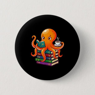 Inktvis boek lezend koffie liefhebber oceaan grapp ronde button 5,7 cm