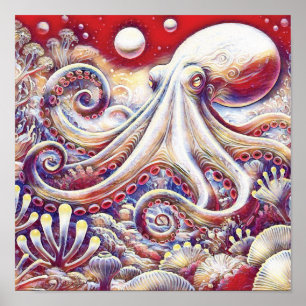 Inktvis Kosmische Octopus in Psychedelische Zeeën Poster