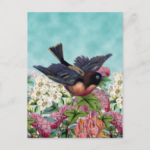 inktvogel met blauwe ogen die over bloemen vliegen briefkaart