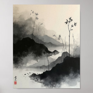 Inktwas Abstracte muurkunst met Sumi-E-slagen Poster