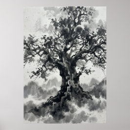 Inktwast Boom Poster | Japanse Zen Kunst | Monochr