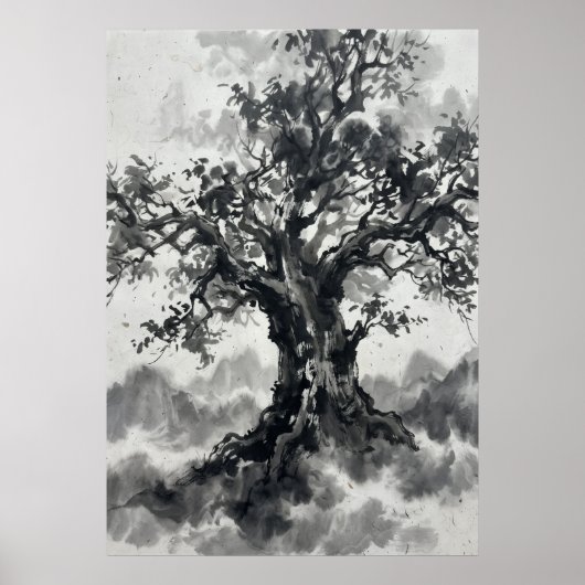 Inktwast Boom Poster | Japanse Zen Kunst | Monochr (Voorkant)