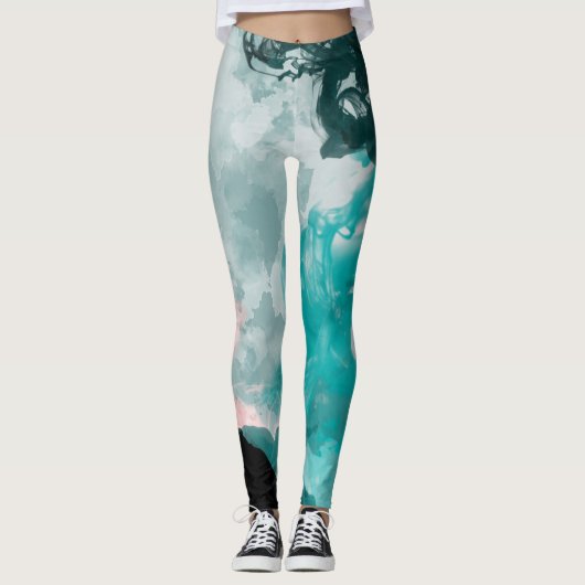 Inky Blue Green Turquoise Blauwgroen Peach Mode Leggings (Voorkant)