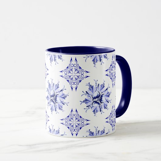 Inky Floral Coffee Mok | Indigo en wit (Voorkant rechts)