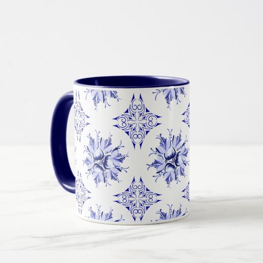 Inky Floral Coffee Mok | Indigo en wit (Voorkant links)