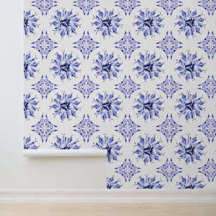 Inky Floral Wallpaper Blauw-wit Behang