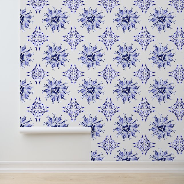 Inky Floral Wallpaper | Blauw-wit Behang (Applicatie)