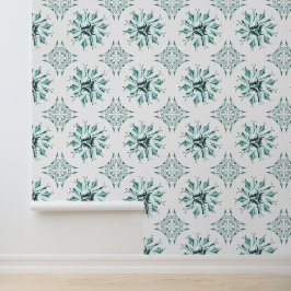 Inky Floral Wallpaper | Blauwgroen Groen Wit Behang