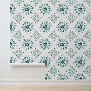 Inky Floral Wallpaper Blauwgroen Groen Wit Behang
