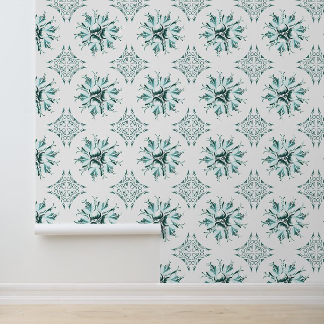 Inky Floral Wallpaper | Blauwgroen Groen Wit Behang (Applicatie)