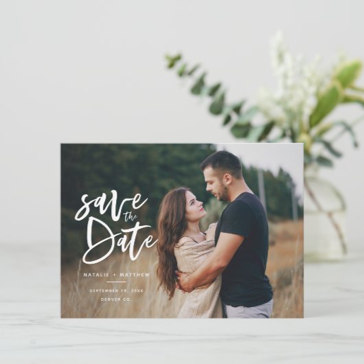 Inky manuscriptfoto sparen de datum save the date (Staand voorkant)