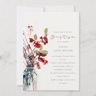 Inky Red Green Vintage Boho Florals Baptism Kaart