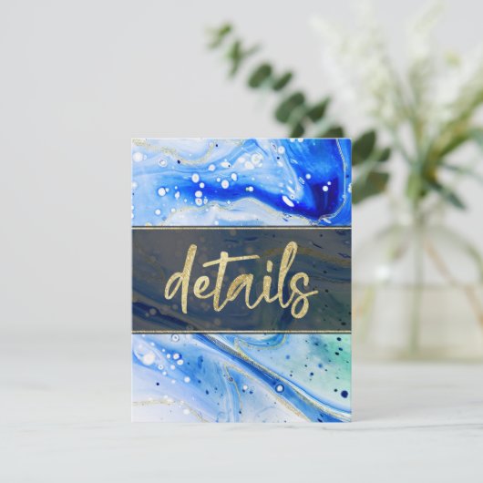 Inky Splash Blauw Marmer en Gouden folie Details Informatiekaartje (Staand voorkant)