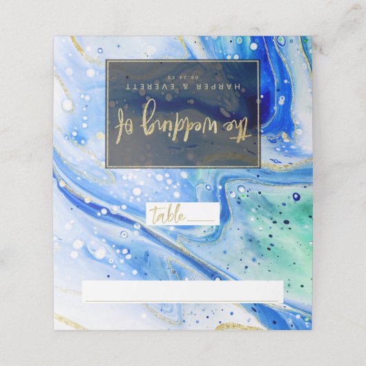 Inky Splash Blauw Marmer Goud Bruiloft Tafel Numme Plaatskaartje (Buitenkant ongevouwen)